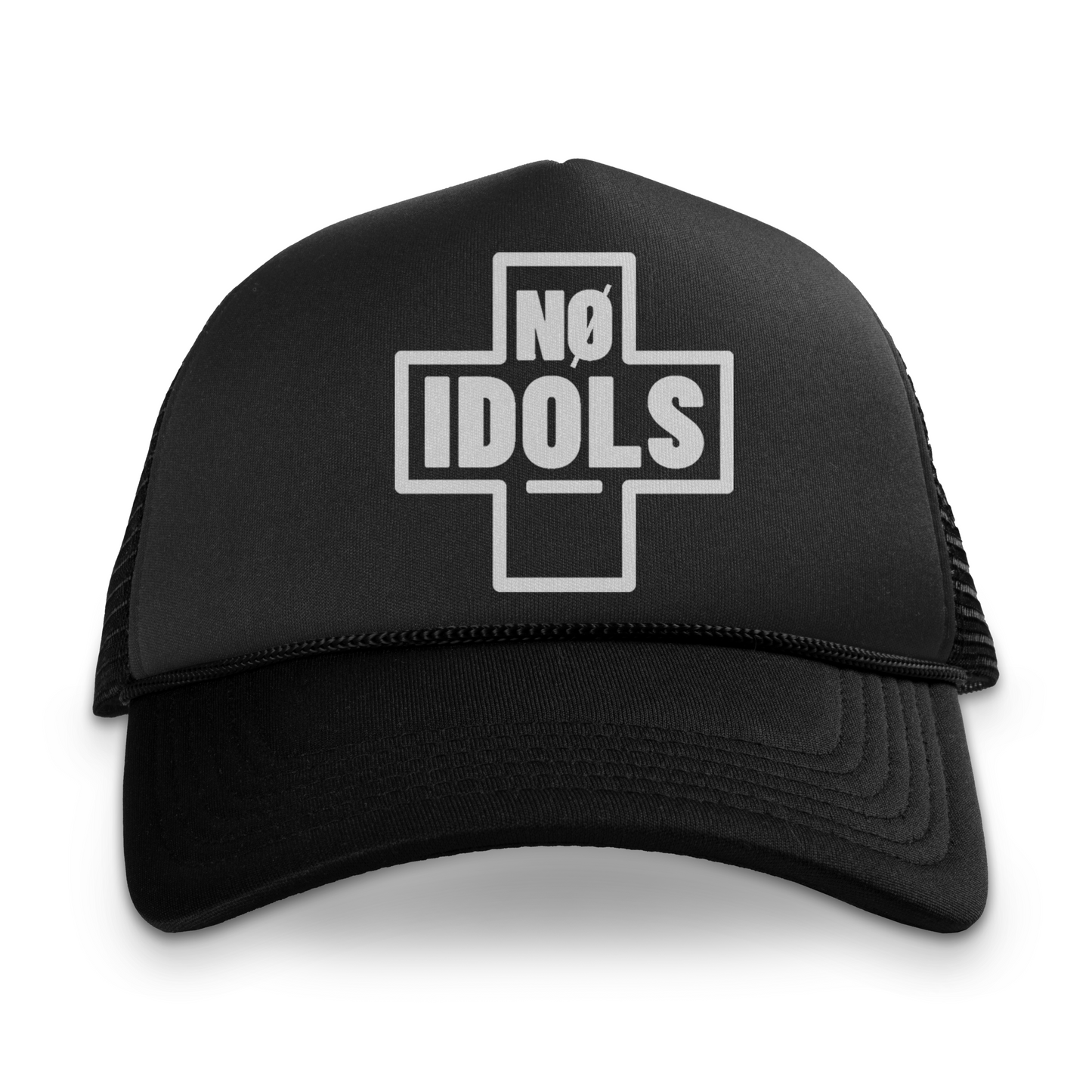 A black trucker hat with a white 'No Idols' logo printed on the front panel, set against a plain white background.