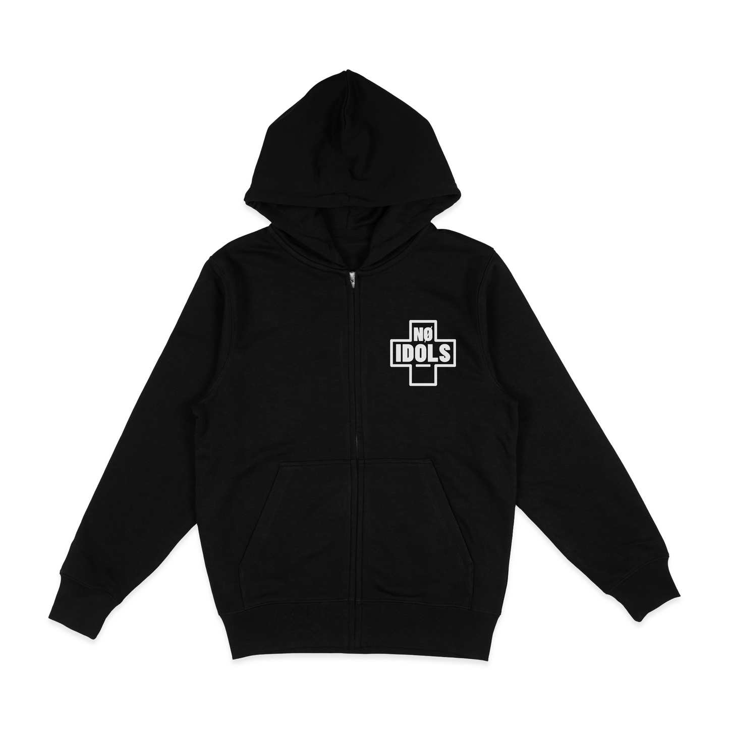 A black zip-up hoodie with a white graphic logo on the left chest that reads 'NO IDOLS' inside a cross-like design, displayed flat against a solid white background.