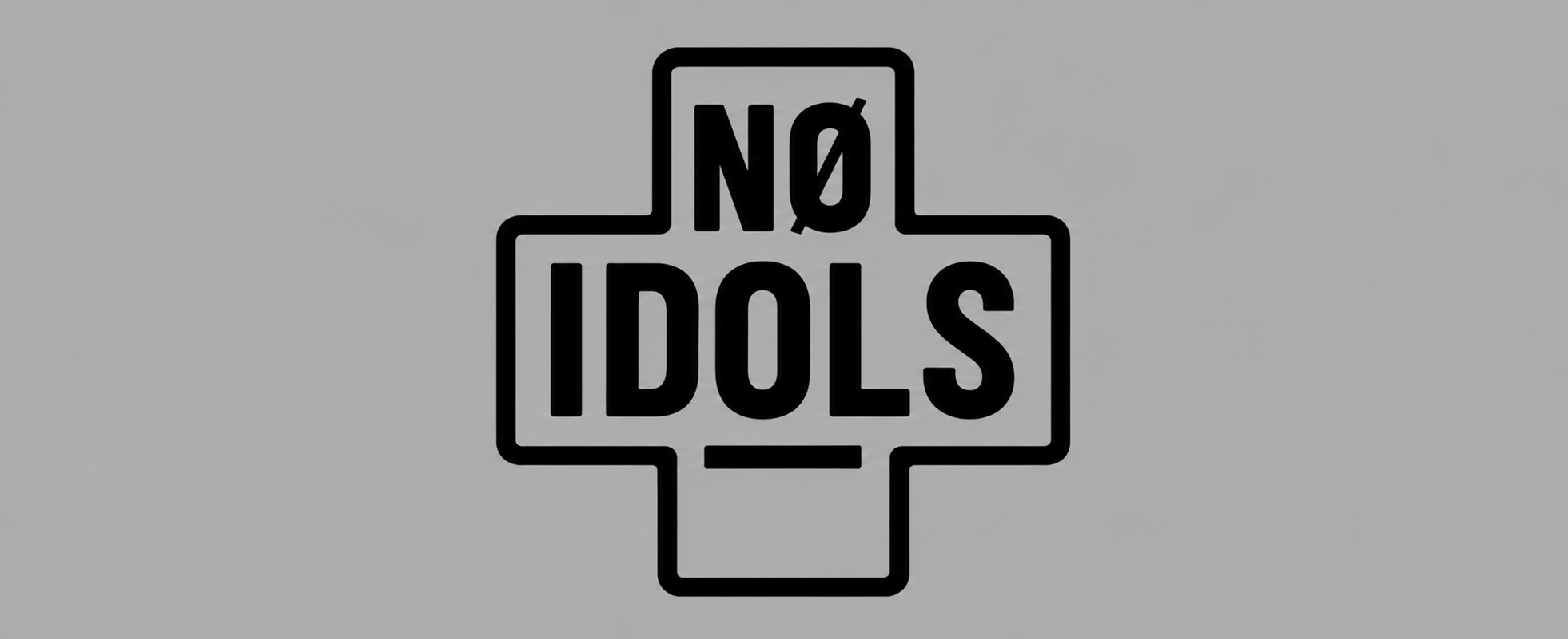 The black and white logo for the band No Idols, featuring bold black text inside a white cross-like graphic with a black outline, centered on a solid gray background.
