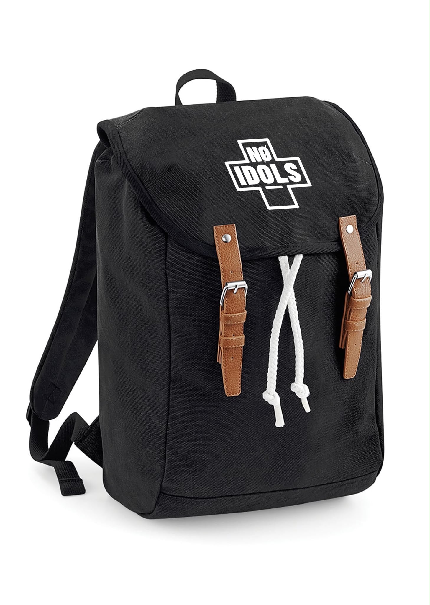 A black canvas backpack with a white 'NGI IDOLS' logo on the front flap, brown leather strap accents, and a white drawstring, shown on a plain white background.