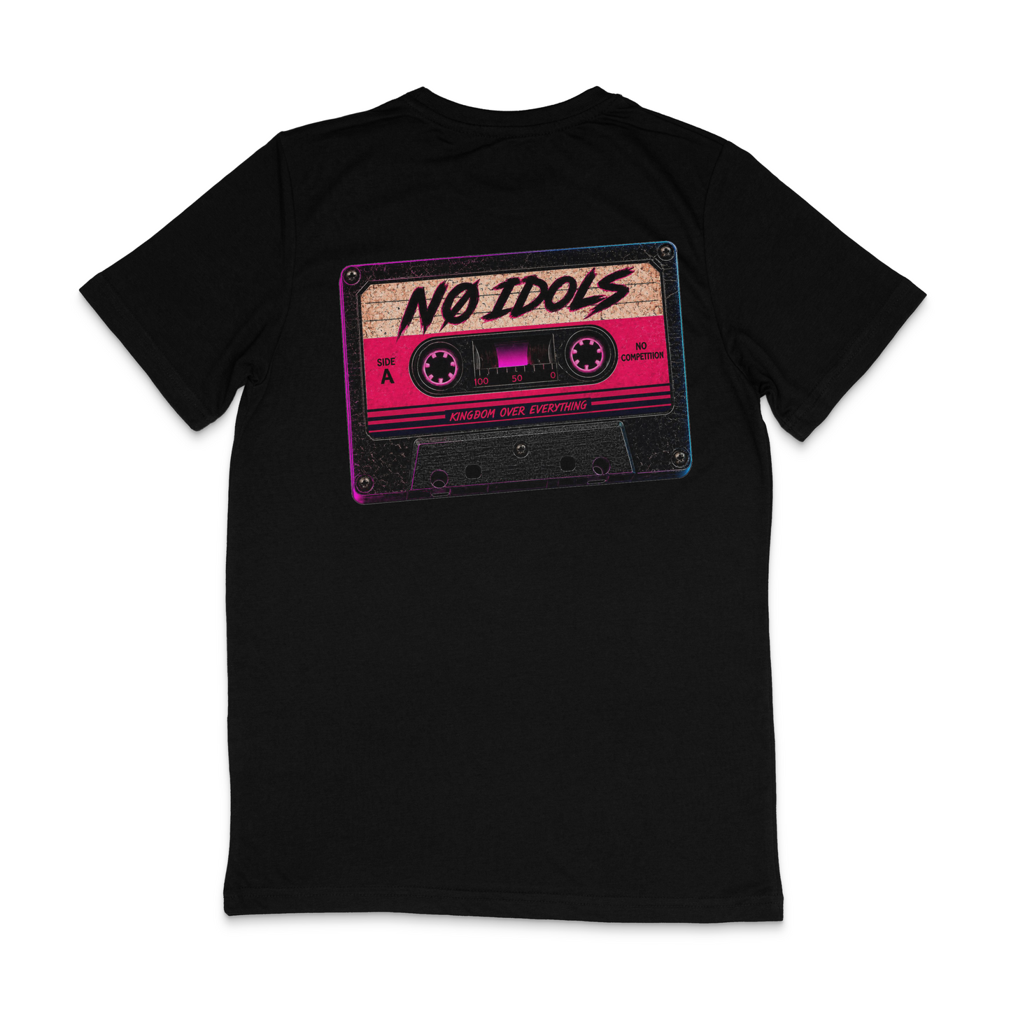A black short-sleeve t-shirt with a retro cassette tape graphic on the chest. The cassette features a pink and beige label with the text 'NO IDOLS' in black script, and 'BONNIE RIDE ENTERTAINMENT' printed below.