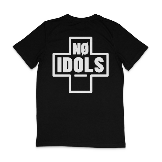 A black short-sleeve t-shirt with a white graphic print on the back featuring a cross-like outline and the text 'NO IDOLS' in bold white letters.