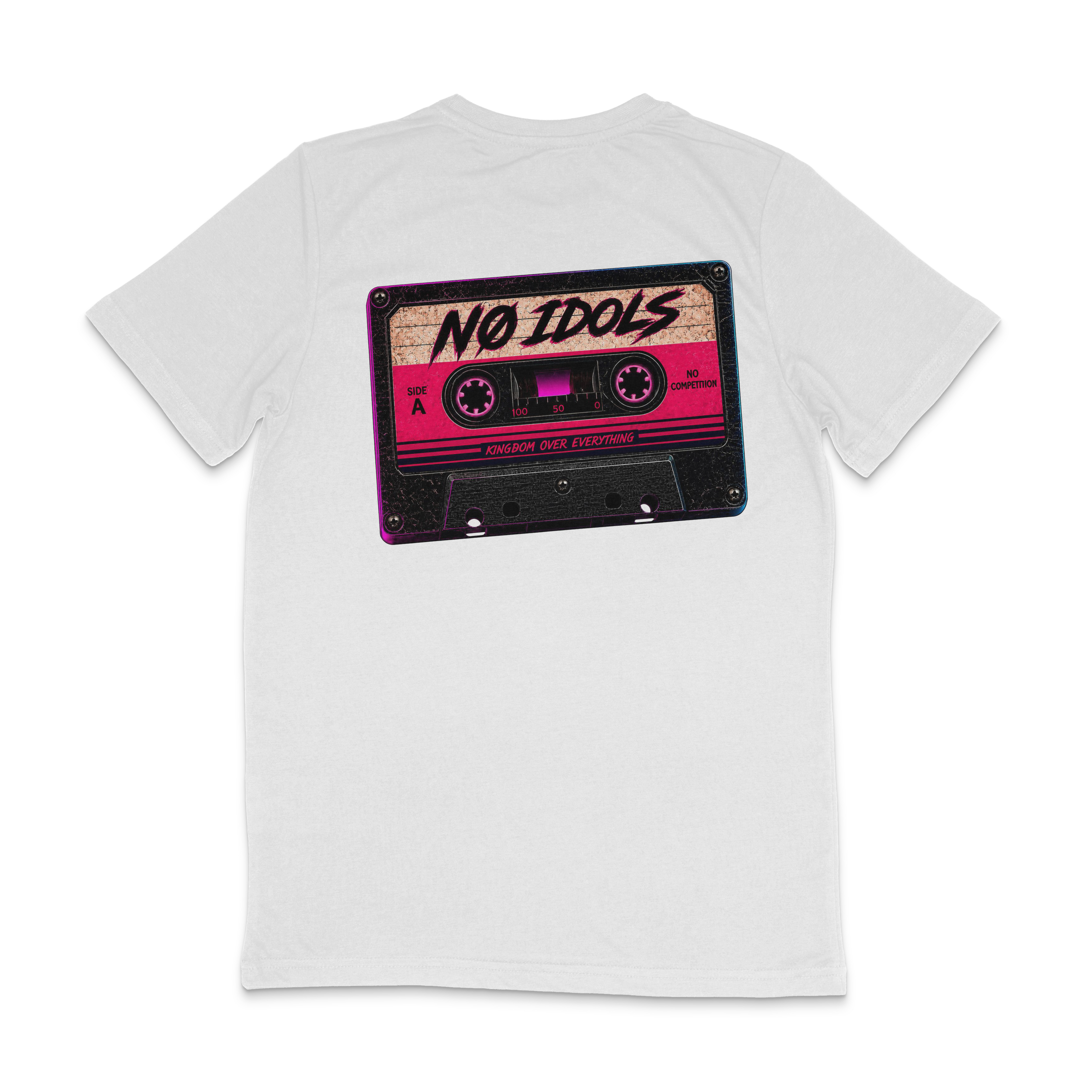 A white short-sleeve t-shirt shown from the back, featuring a large graphic print of a retro cassette tape with pink, purple, and black details and the text 'NO IDOLS' and 'ANTIFASCIST FILM FESTIVAL'.