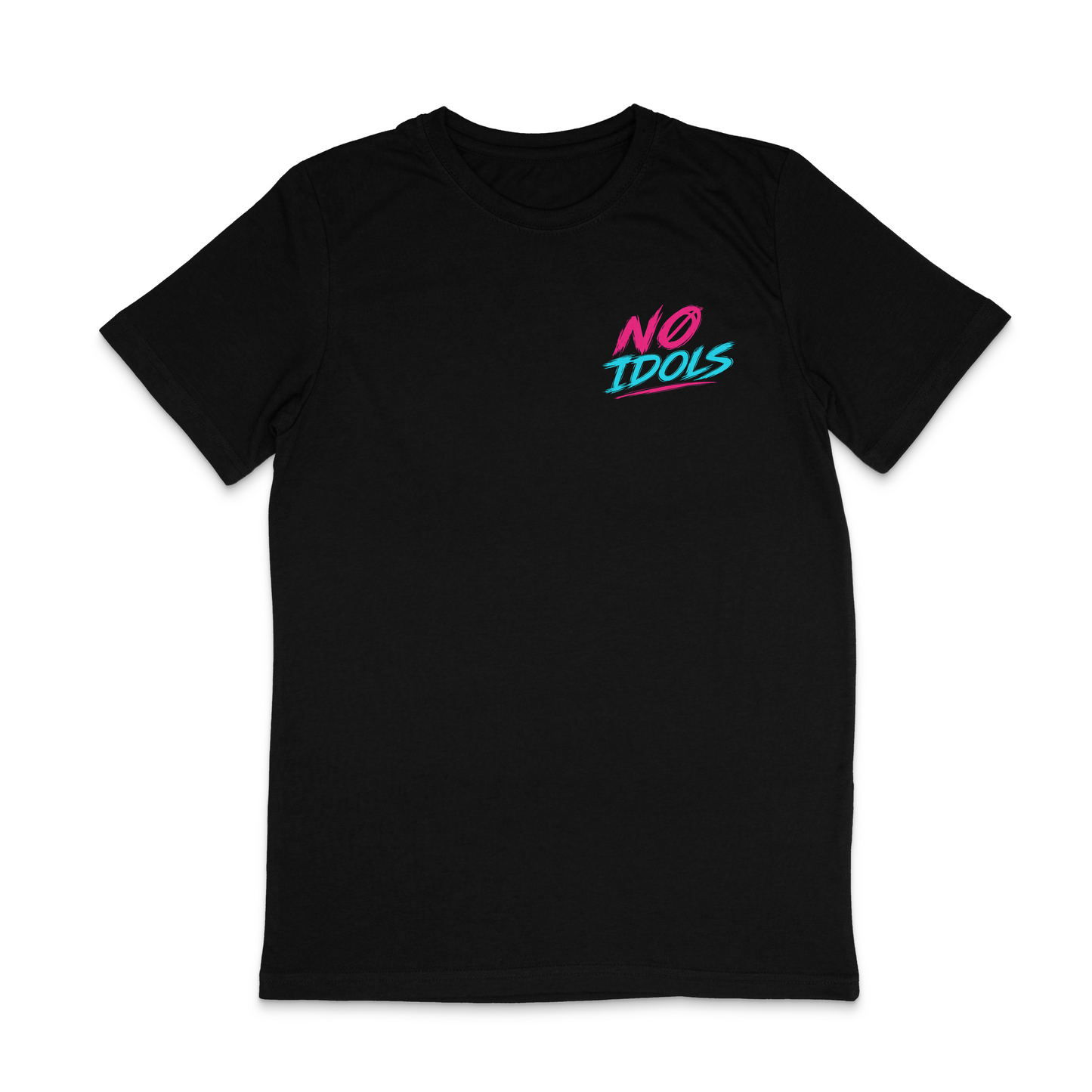 A black short-sleeve crewneck t-shirt with a small graphic on the left chest reading 'NO IDOLS' in pink and teal, displayed on a clean white background.