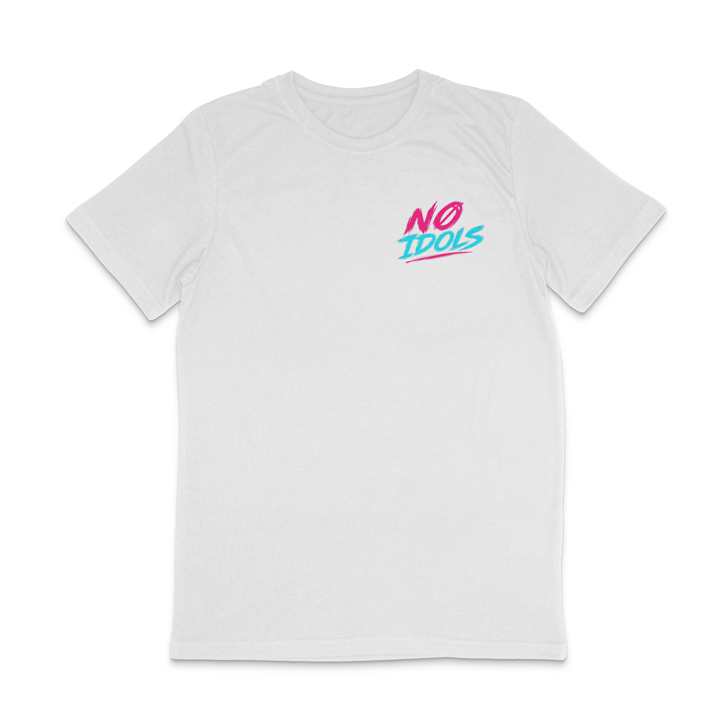 A white short-sleeve crewneck t-shirt with a colorful 'NO IDOLS' graphic printed on the left chest, displayed against a solid white background.