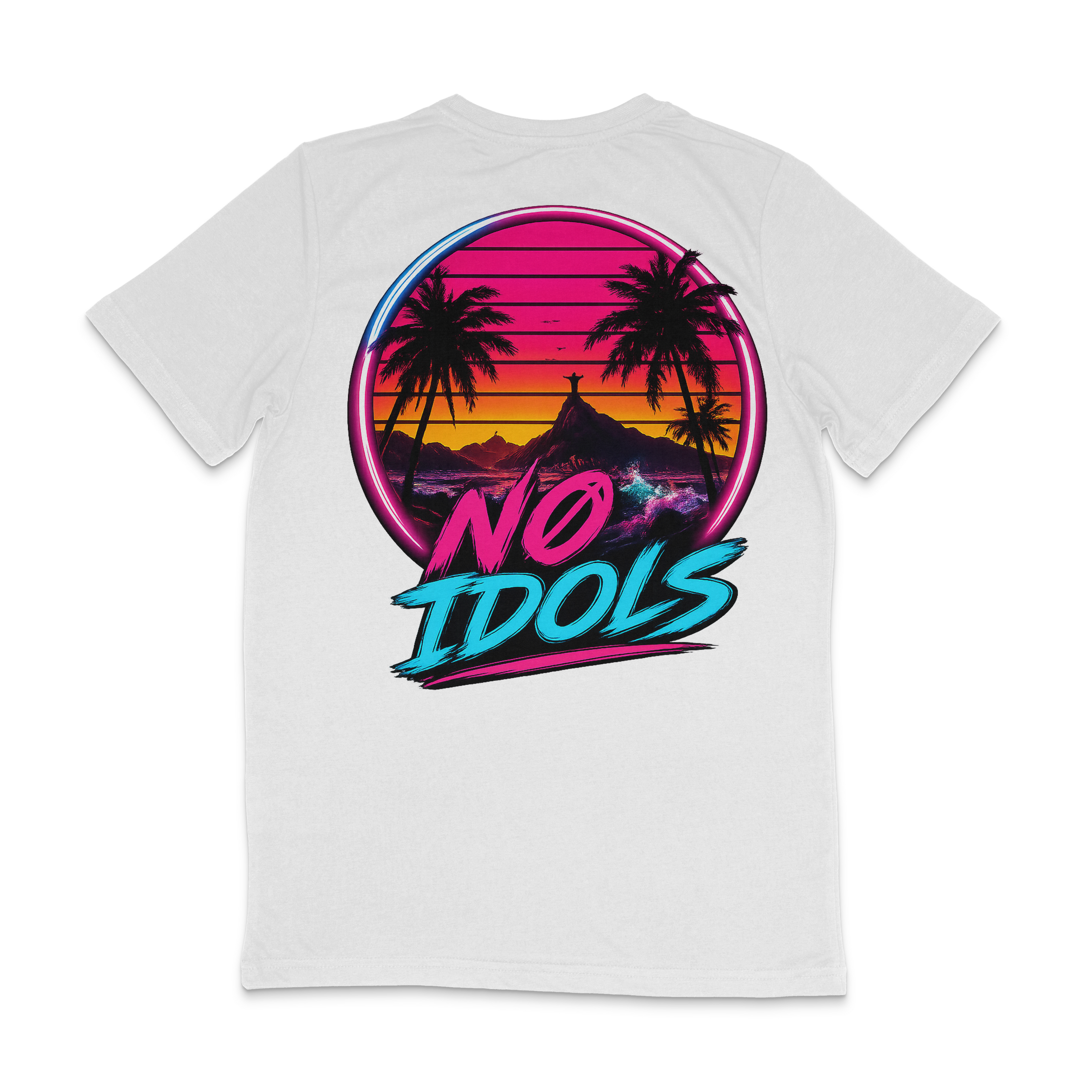 A white short-sleeve t-shirt shown from the back, featuring a large retro 80s-style graphic print with palm trees, a sunset gradient, and the text 'NO IDOLS' in bold pink and blue lettering.