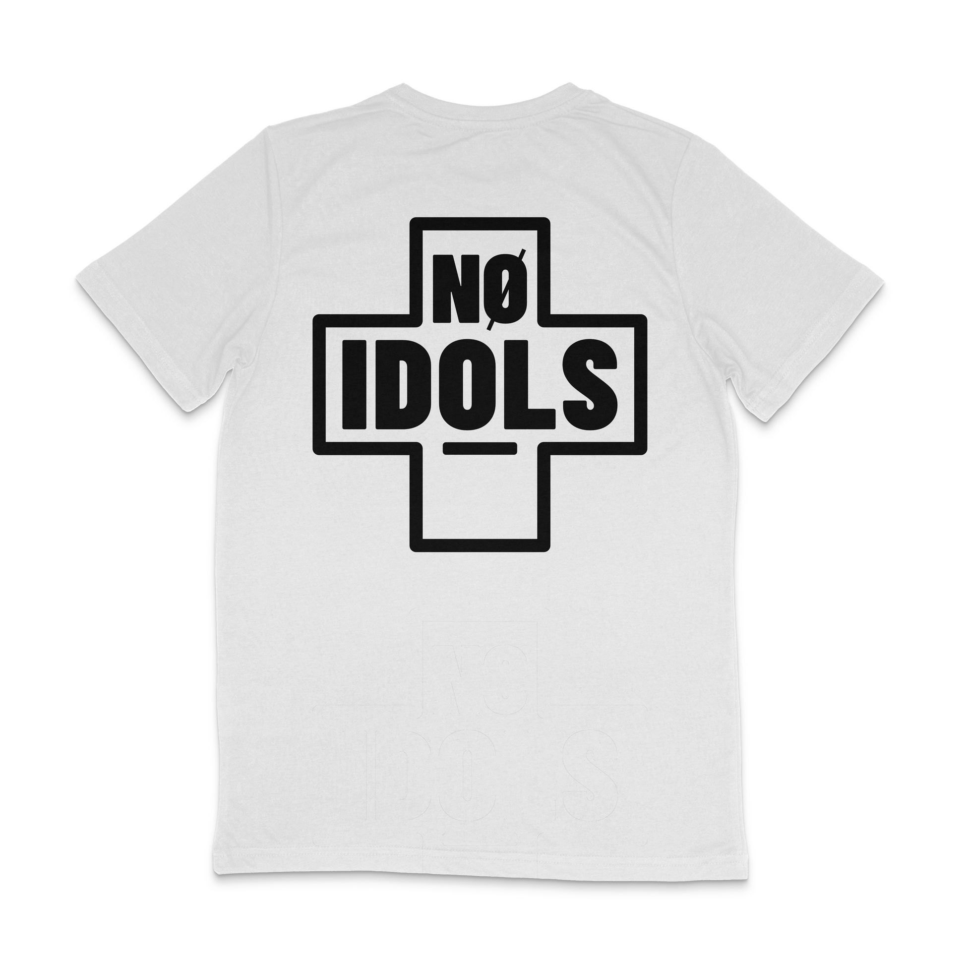 A white short-sleeve t-shirt shown from the back, featuring a large black graphic of a cross containing the text 'NO IDOLS' in bold letters.