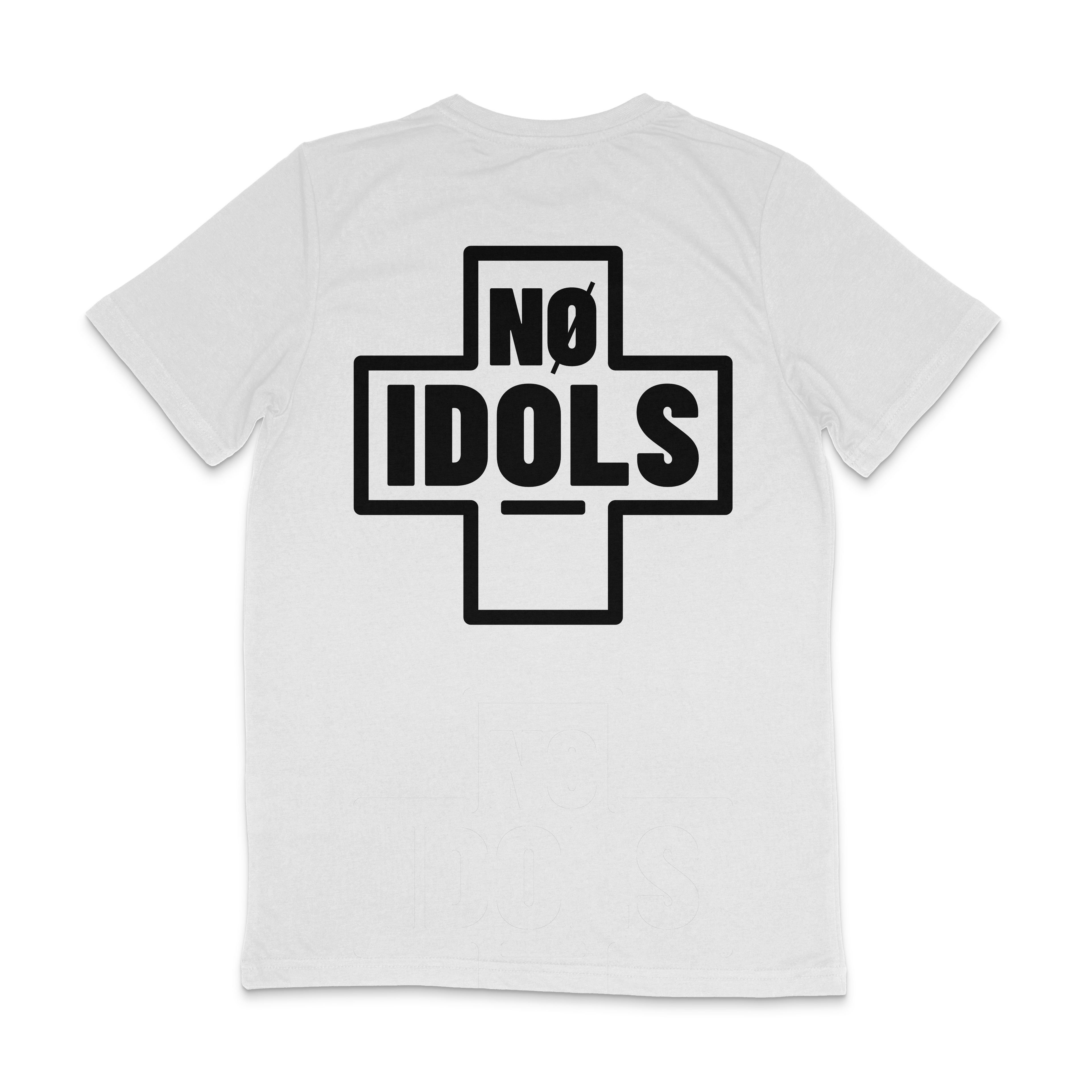 A white short-sleeve t-shirt shown from the back, featuring a large black graphic of a cross containing the text 'NO IDOLS' in bold letters.