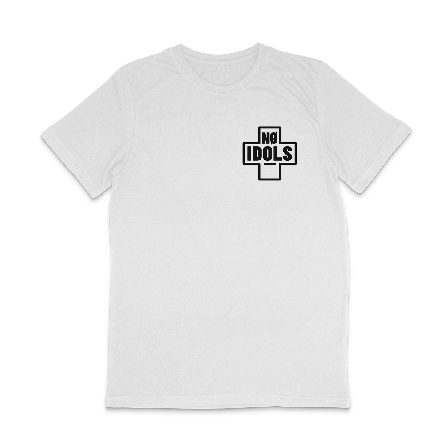 A white short-sleeve crewneck t-shirt with a black graphic on the left chest featuring a cross shape and the text 'NO IDOLS' inside the cross, displayed on a clean white background.