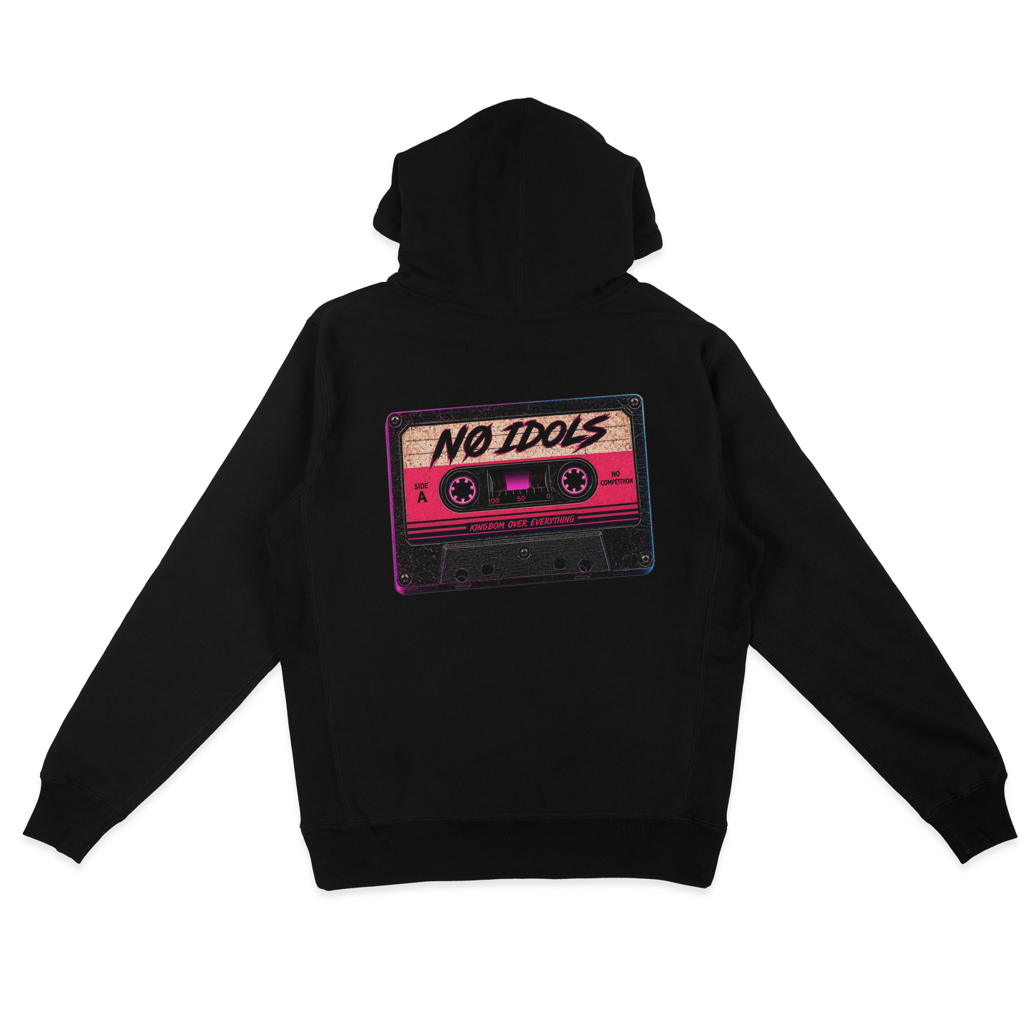 A black pullover hoodie shown from the back, featuring a large graphic print of a retro cassette tape with the text 'NO IDOLS' in black script on a pink and beige cassette body.