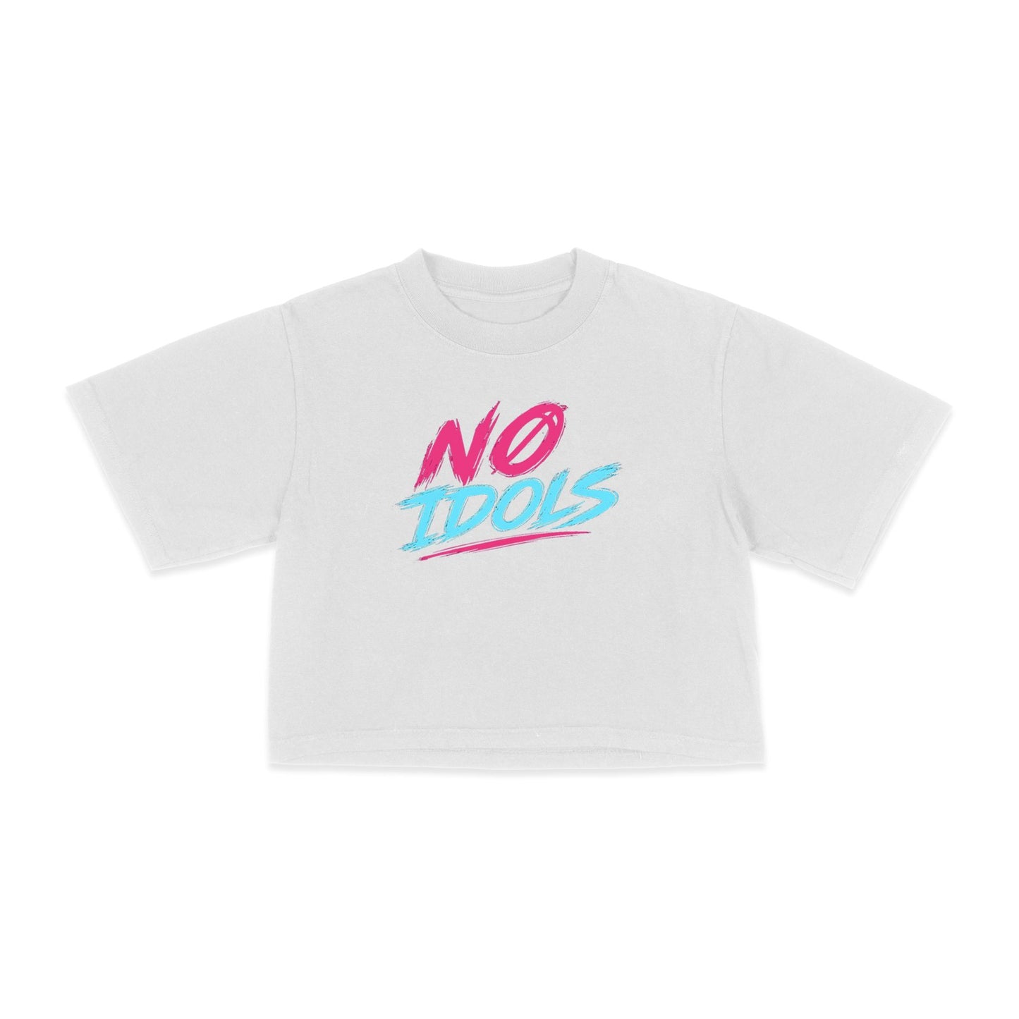 A white short-sleeve crop top t-shirt featuring a colorful graphic on the chest that reads 'NO IDOLS' in pink and light blue stylized lettering, set against a plain white background.