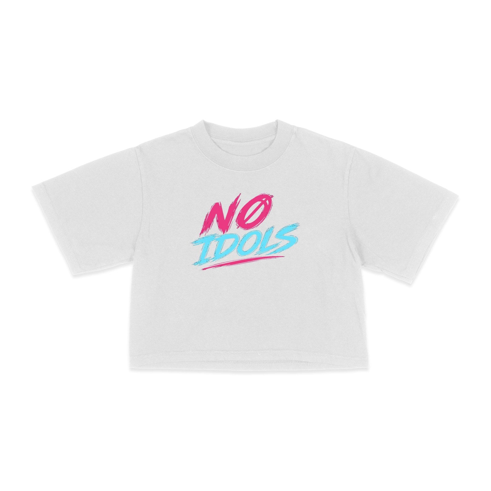 A white short-sleeve crop top t-shirt featuring a colorful graphic on the chest that reads 'NO IDOLS' in pink and light blue stylized lettering, set against a plain white background.