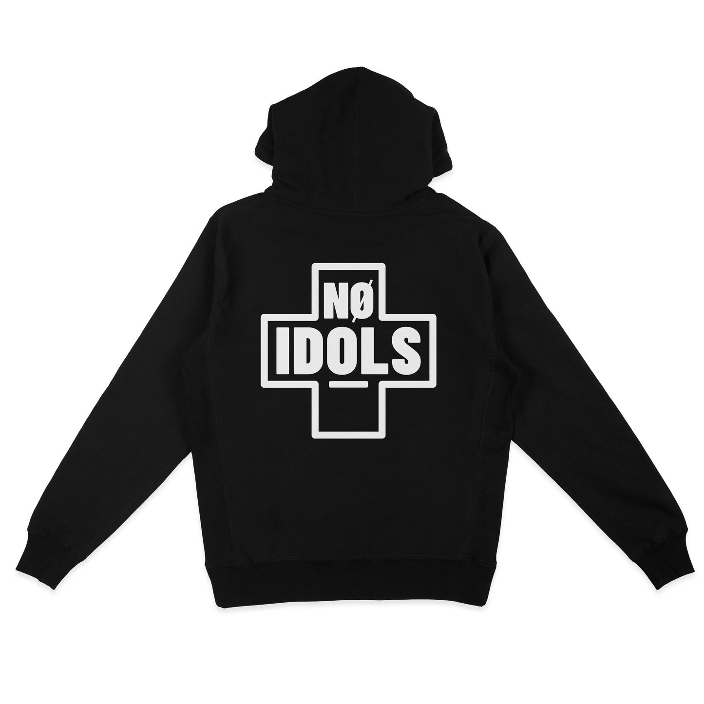 A black pullover hoodie shown from the back, featuring a large white graphic print of a cross with the words 'NO IDOLS' inside it.
