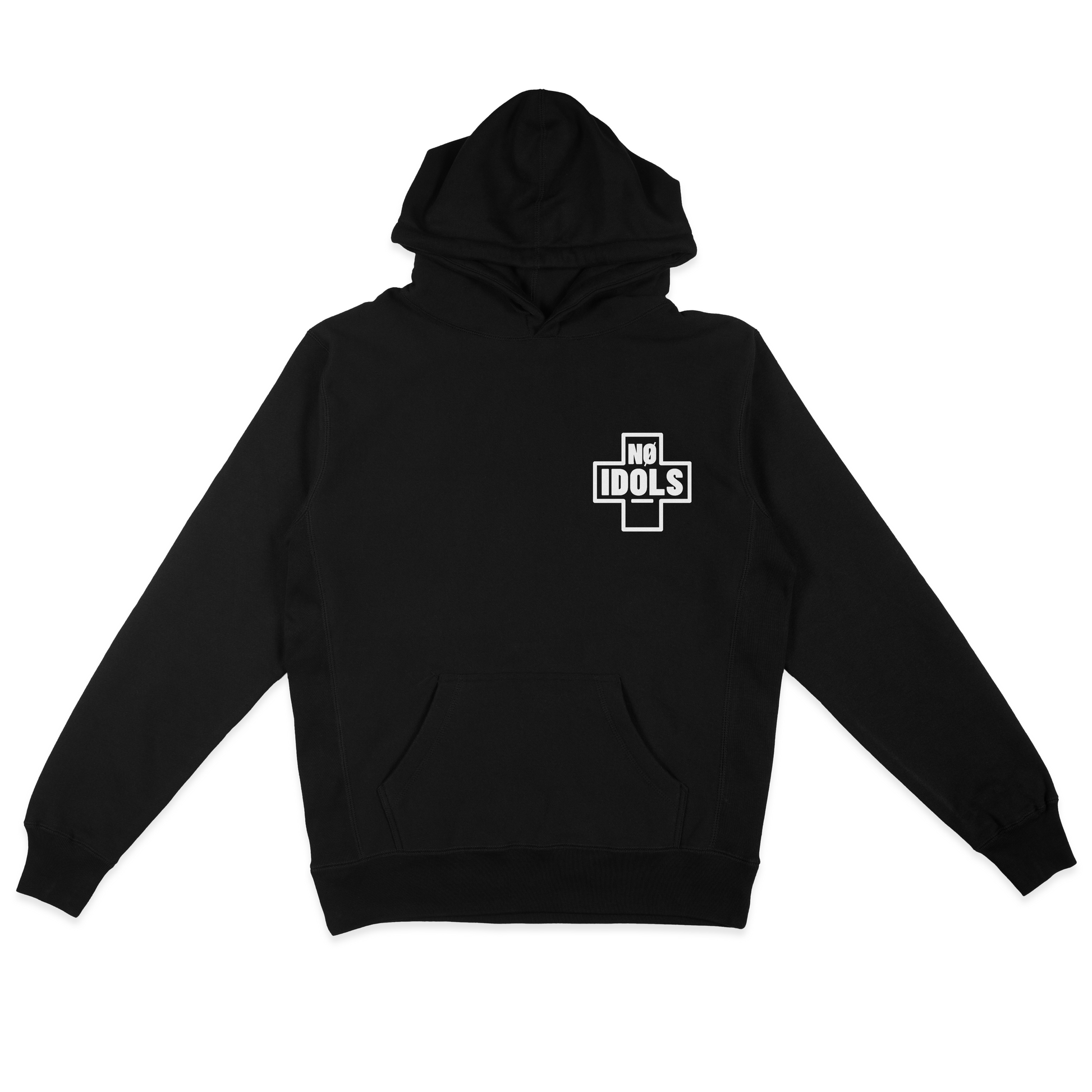 A black pullover hoodie with a white cross-shaped graphic on the left chest containing the text 'NO IDOLS'. The hoodie is displayed flat against a solid white background.