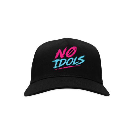 A black baseball cap featuring the text 'NO IDOLS' embroidered on the front in vibrant pink and blue lettering, set against a plain white background.