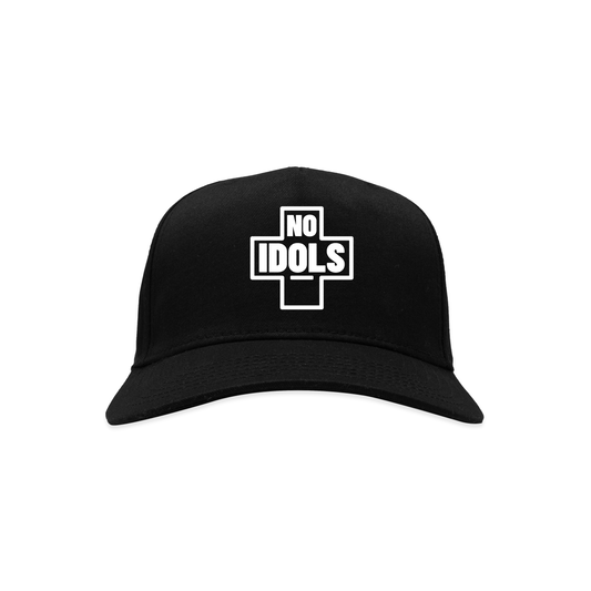 A black baseball cap with a white graphic on the front that reads 'NO IDOLS' inside a cross-like outline, shown on a plain white background.