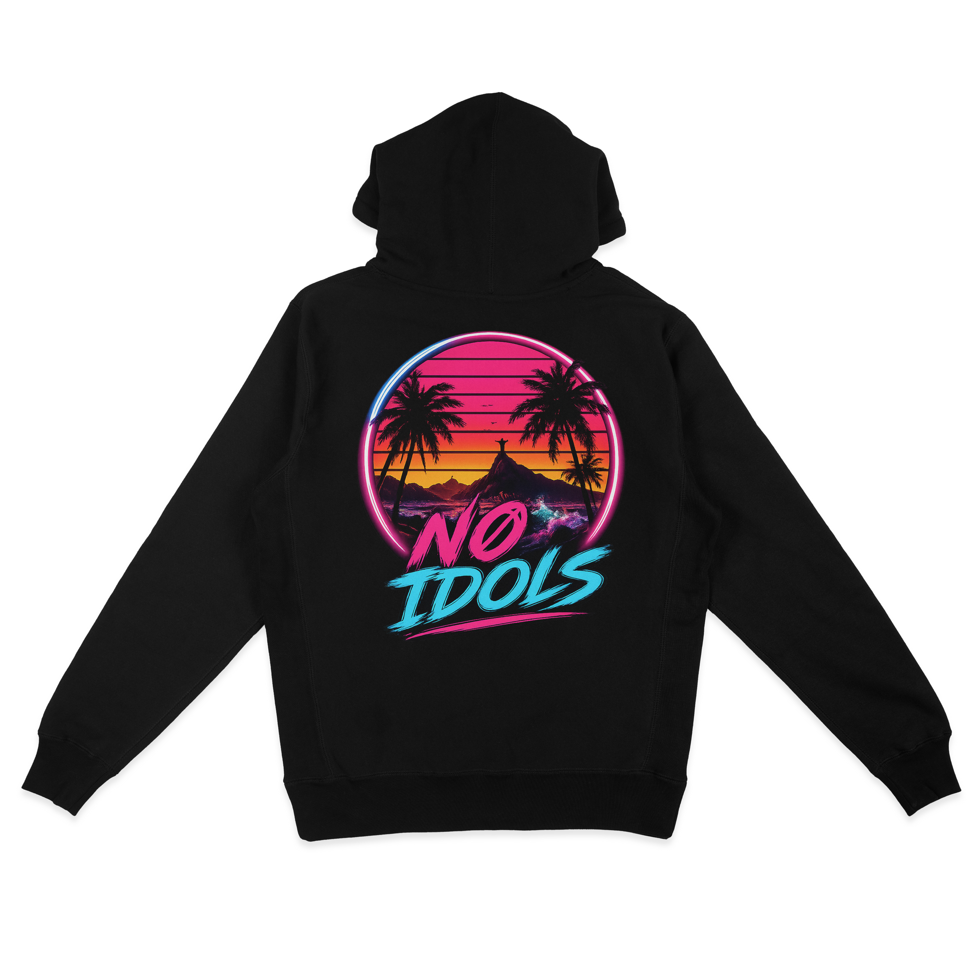 A black zip-up hoodie shown from the back, featuring a colorful retro 80s-style graphic with palm trees, mountains, and the text 'No Idols' in pink, purple, and blue.