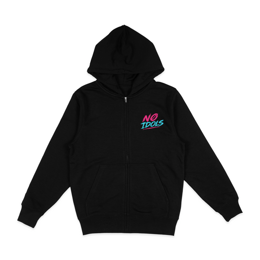 A black zip-up hoodie with a small 'NO IDOLS' graphic on the left chest in pink and teal, displayed flat against a solid white background.