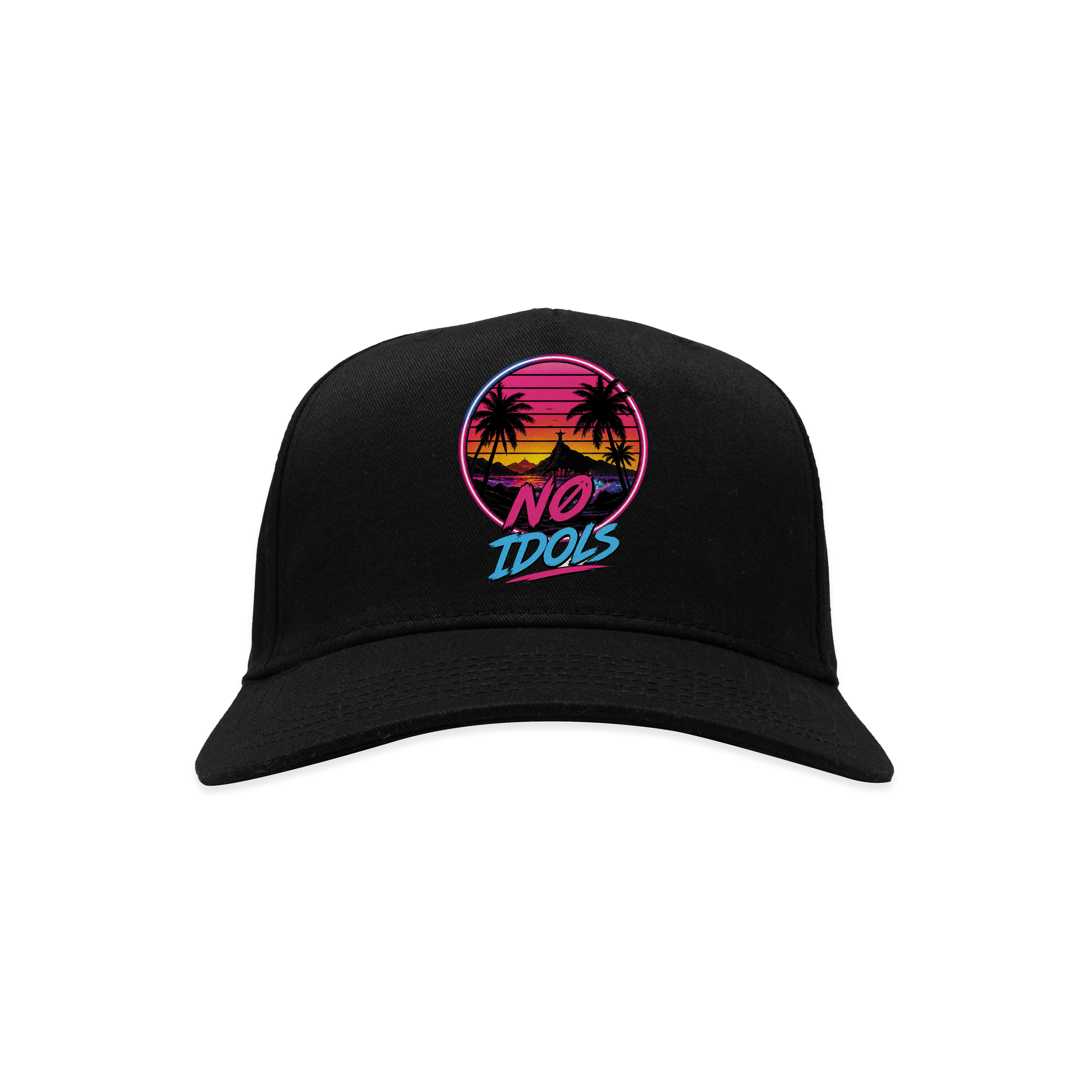 A black baseball cap featuring a circular retro sunset graphic on the front with palm trees, a beach umbrella, and the text 'No Idols' in stylized pink and blue lettering.