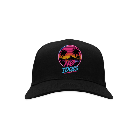 A black baseball cap featuring a circular retro sunset graphic on the front with palm trees, a beach umbrella, and the text 'No Idols' in stylized pink and blue lettering.