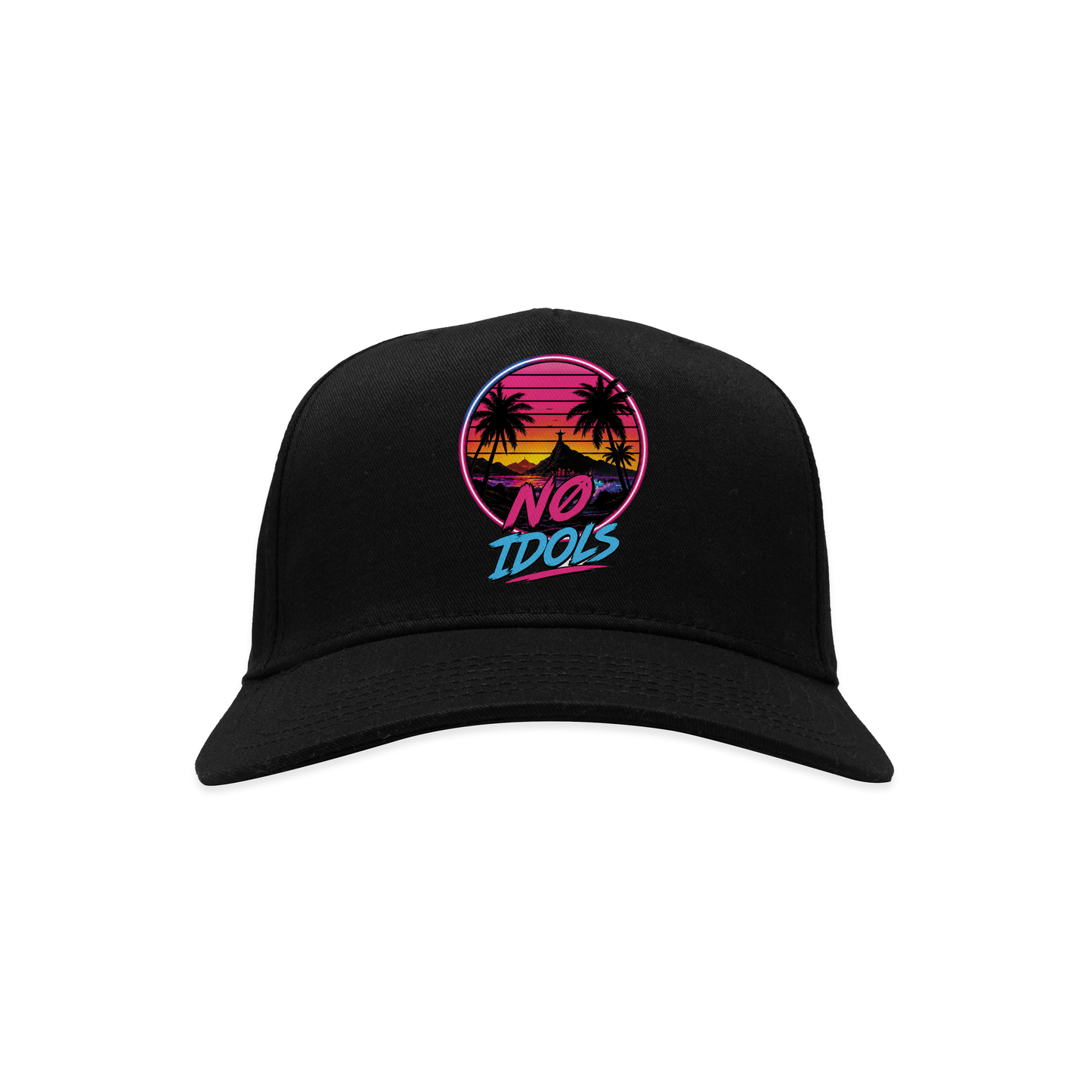 A black baseball cap featuring a circular retro sunset graphic on the front with palm trees, a beach umbrella, and the text 'No Idols' in stylized pink and blue lettering.