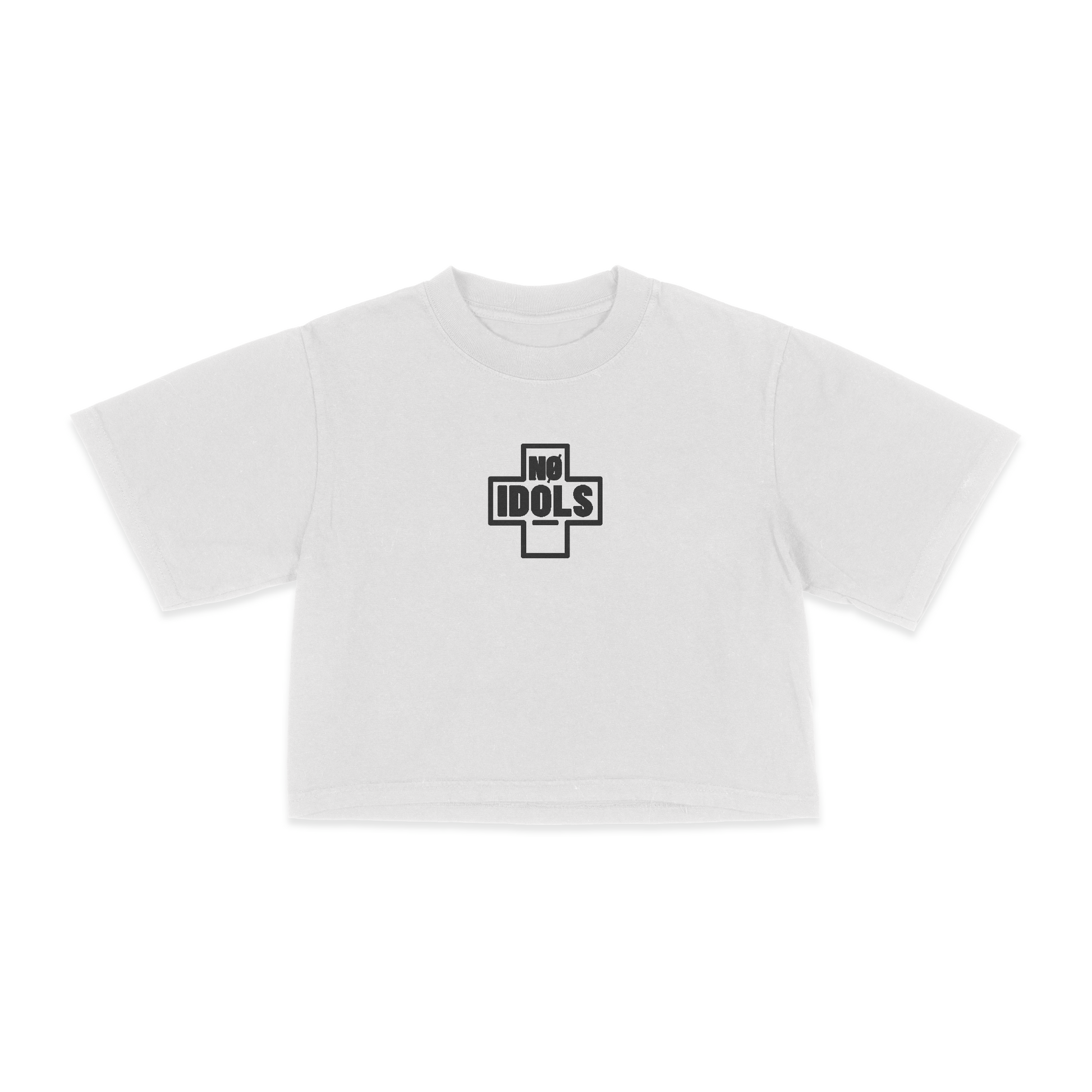 A white short-sleeve crop top t-shirt for kids, featuring a black cross graphic on the chest with the text 'NO IDOLS' inside.