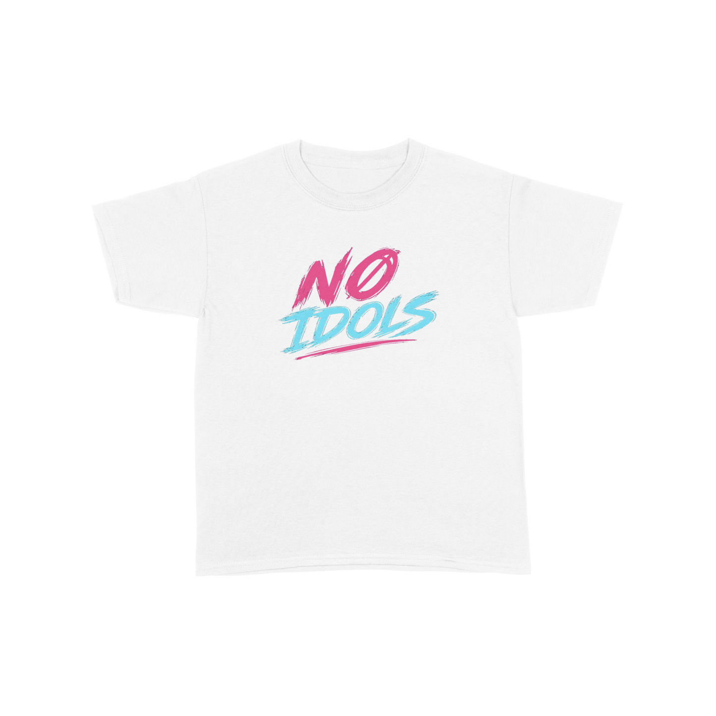 A white short-sleeve crewneck t-shirt featuring a graphic print on the chest that reads 'NO IDOLS' in stylized pink and light blue lettering, displayed against a solid white background.