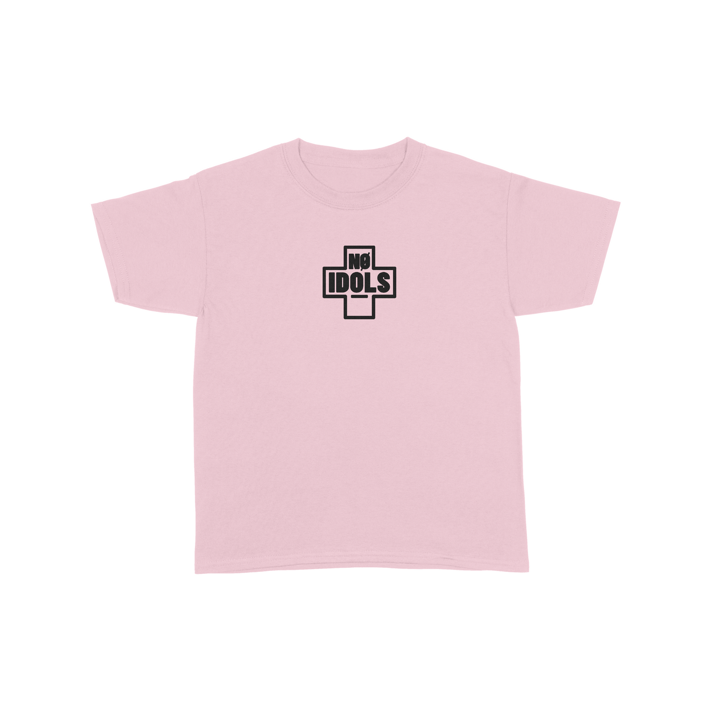 A light pink short-sleeve t-shirt with a black cross graphic on the chest containing the text 'NO IDOLS'.