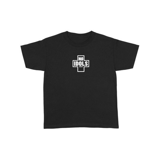 A black short-sleeve crewneck t-shirt with a white graphic on the chest. The graphic is a cross shape containing the text 'NO IDOLS' in a blocky, stylized font.