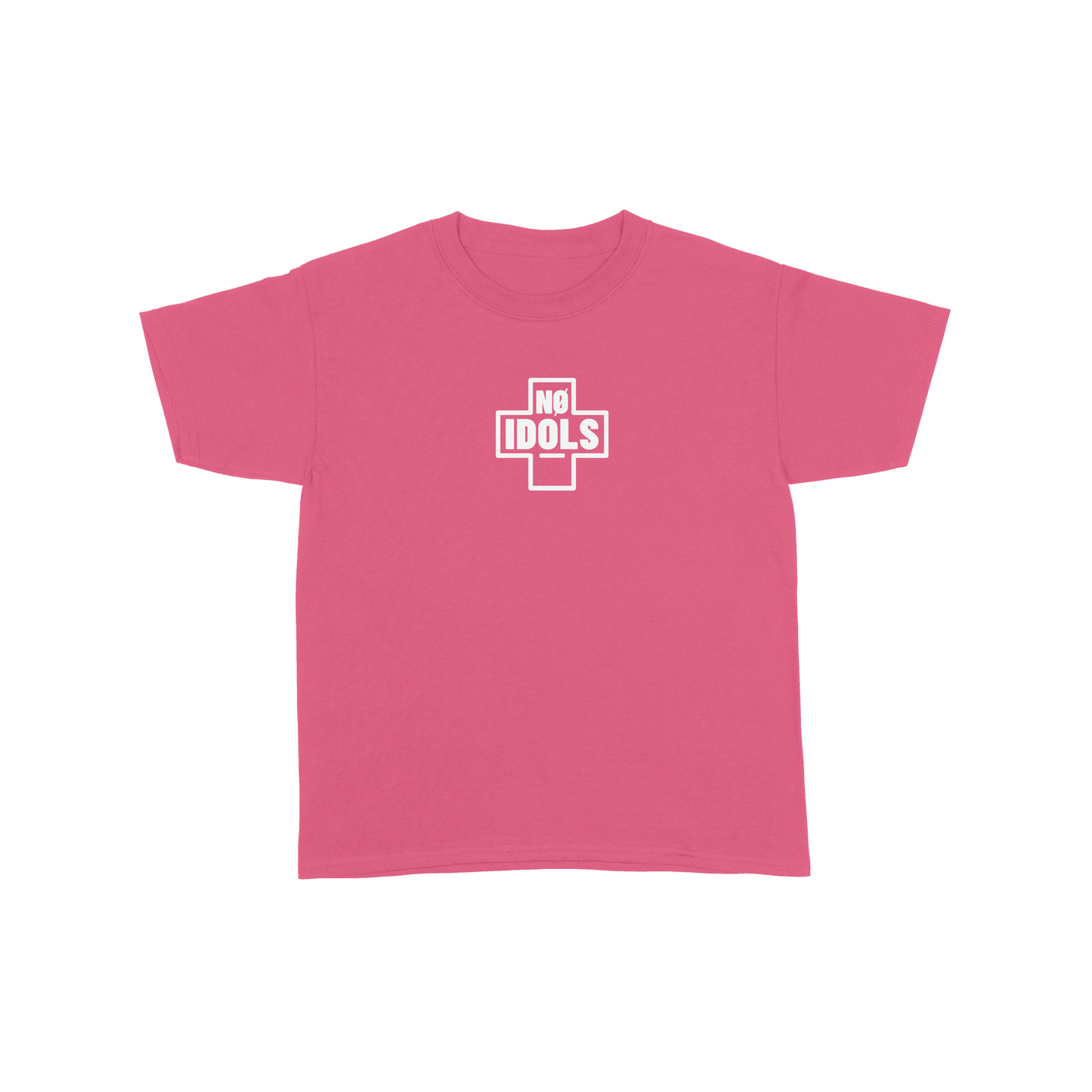 A pink short-sleeve crewneck t-shirt with a white graphic on the chest showing a cross shape containing the text 'NO IDOLS'.