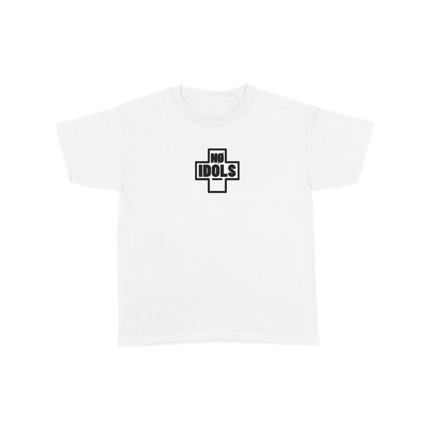 A white short-sleeve crewneck t-shirt featuring a black graphic of a cross with the words 'NO IDOLS' printed inside it, displayed on a clean white background.