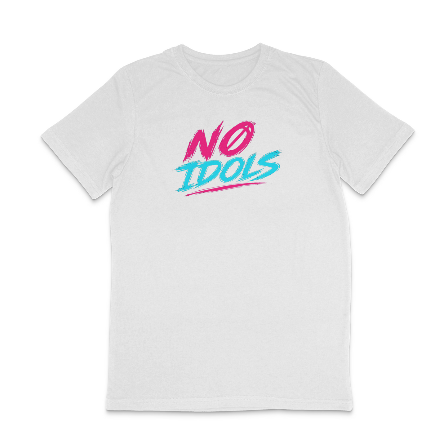 A white short-sleeve crewneck t-shirt featuring a colorful graphic on the chest that reads 'NO IDOLS' in pink and light blue stylized lettering, set against a plain white background.