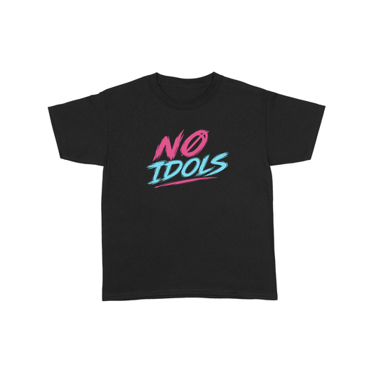 A black short-sleeve crewneck t-shirt featuring a colorful graphic on the chest that reads 'NO IDOLS' in pink and light blue stylized lettering, displayed against a solid white background.