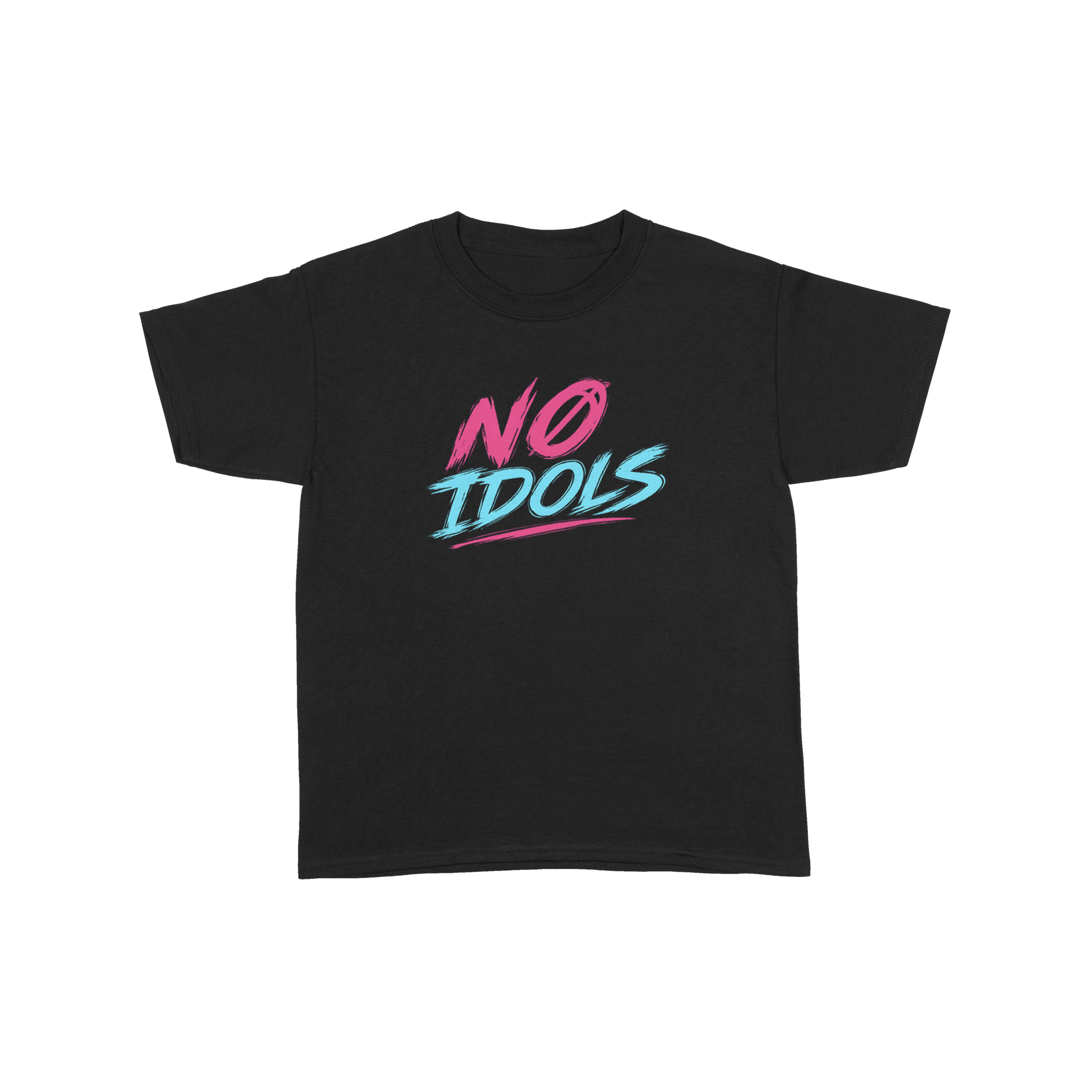 A black short-sleeve crewneck t-shirt featuring a colorful graphic on the chest that reads 'NO IDOLS' in pink and light blue stylized lettering, displayed against a solid white background.