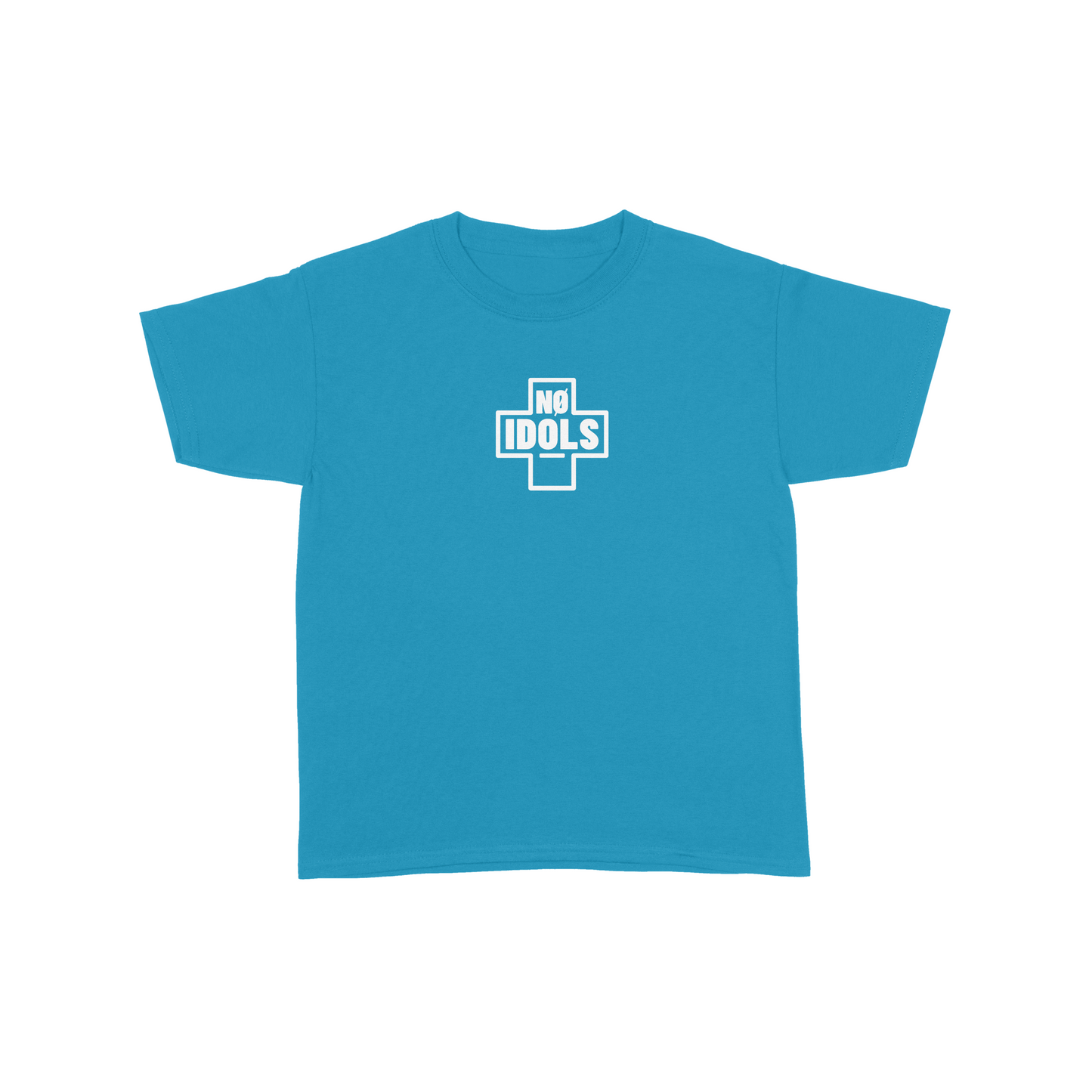 A bright teal blue short-sleeve t-shirt with a white cross-shaped graphic on the chest containing the text 'NO IDOLS'.