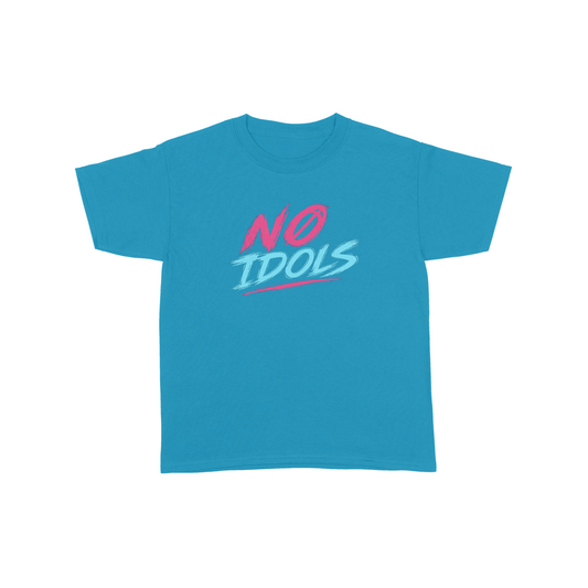 A bright turquoise blue short-sleeve t-shirt with a graphic on the chest reading 'NO IDOLS' in stylized pink and light blue lettering, displayed flat against a solid white background.